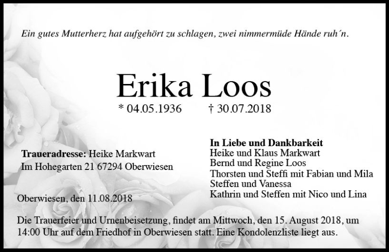  Traueranzeige für Erika Loos vom 11.08.2018 aus vrm-trauer