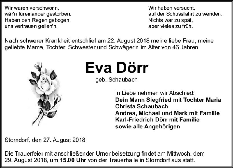  Traueranzeige für Eva Dörr vom 27.08.2018 aus  Oberhessische Zeitung