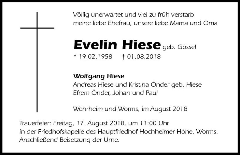  Traueranzeige für Evelin Hiese vom 11.08.2018 aus  Usinger Anzeiger
