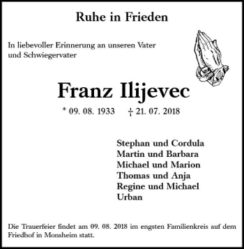 Traueranzeige von Franz Ilijevec von vrm-trauer