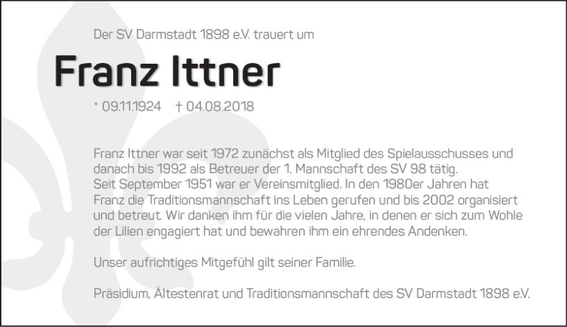  Traueranzeige für Franz Ittner vom 08.08.2018 aus vrm-trauer