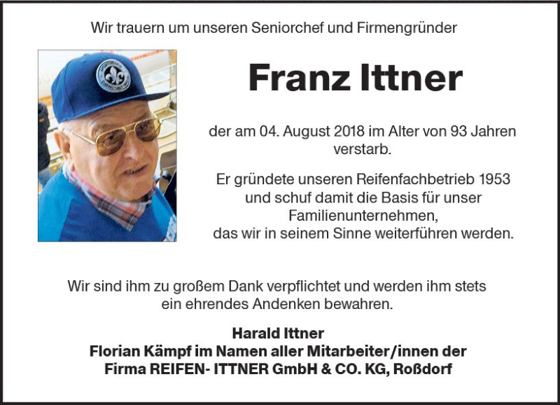  Traueranzeige für Franz Ittner vom 08.08.2018 aus vrm-trauer