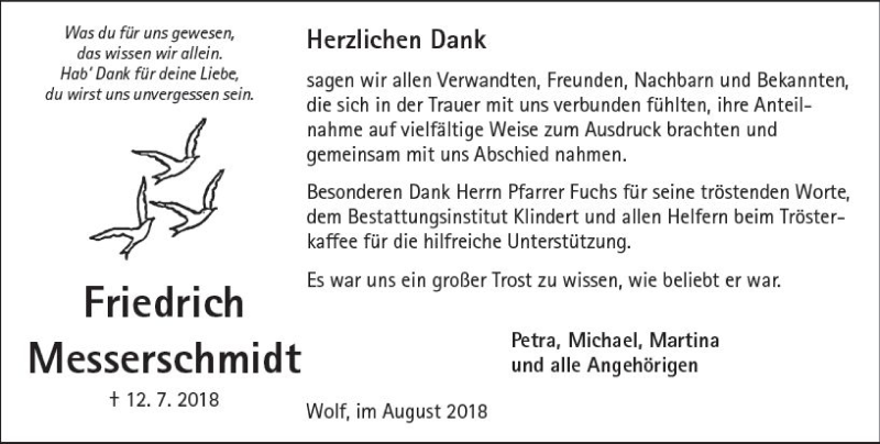  Traueranzeige für Friedrich Messerschmidt vom 11.08.2018 aus  Kreisanzeiger