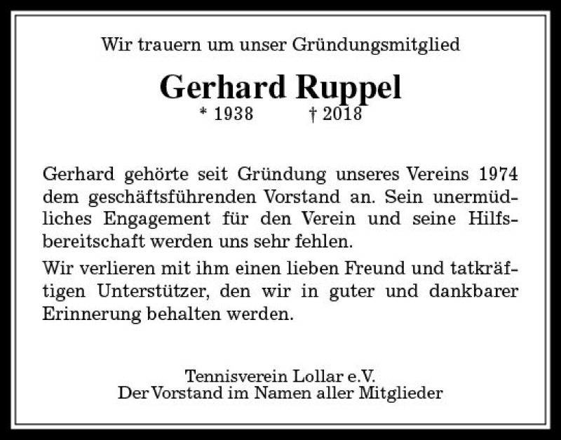  Traueranzeige für Gerhard Ruppel vom 08.08.2018 aus  Gießener Anzeiger