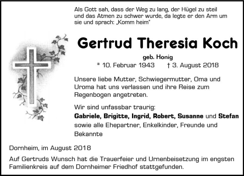  Traueranzeige für Gertrud Theresia Koch vom 25.08.2018 aus vrm-trauer