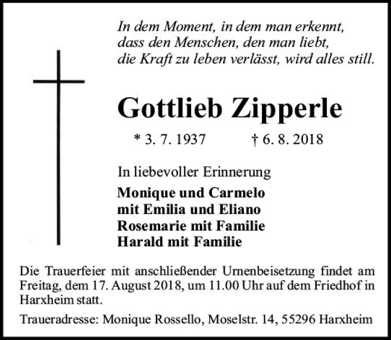  Traueranzeige für Gottlieb Zipperle vom 15.08.2018 aus vrm-trauer