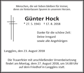 Traueranzeige von Günter Hock von  Gießener Anzeiger