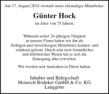 Traueranzeige von Günter Hock von  Gießener Anzeiger