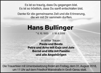 Traueranzeige von Hans Bullinger von vrm-trauer