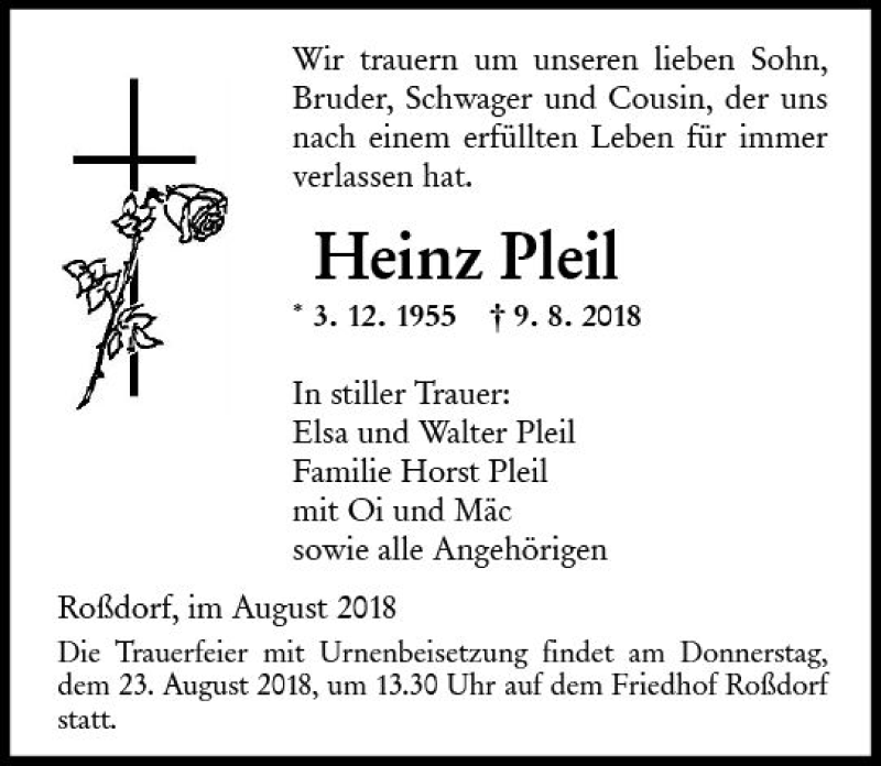  Traueranzeige für Heinz Pleil vom 18.08.2018 aus vrm-trauer
