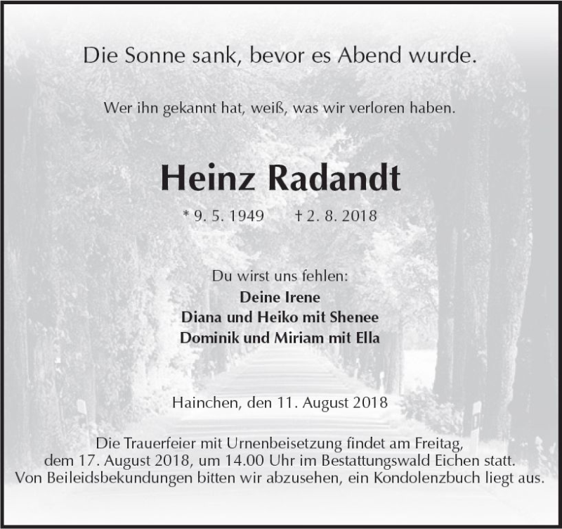  Traueranzeige für Heinz Radandt vom 11.08.2018 aus  Kreisanzeiger