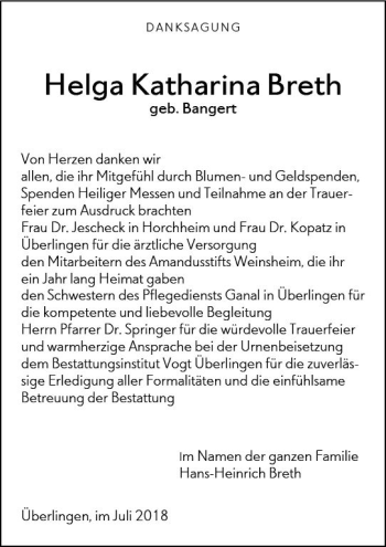 Traueranzeige von Helga Katharina Breth von vrm-trauer