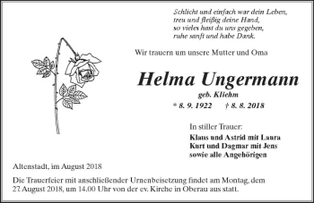 Traueranzeige von Helma Ungermann von  Kreisanzeiger