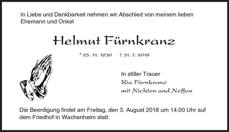  Traueranzeige für Helmut Fürnkranz vom 02.08.2018 aus vrm-trauer