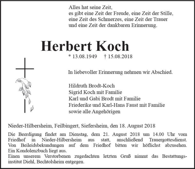  Traueranzeige für Herbert Koch vom 18.08.2018 aus vrm-trauer