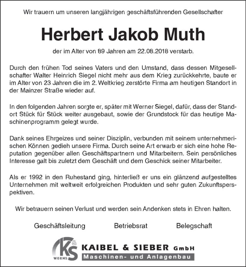  Traueranzeige für Herbert Jakob Muth vom 27.08.2018 aus vrm-trauer