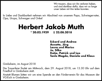 Traueranzeige von Herbert Jakob Muth von vrm-trauer