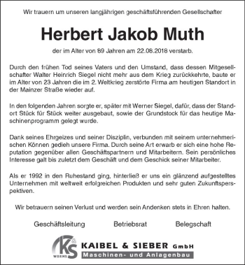 Traueranzeige von Herbert Jakob Muth von vrm-trauer