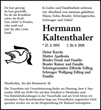 Traueranzeige von Hermann Kaltenthaler von vrm-trauer