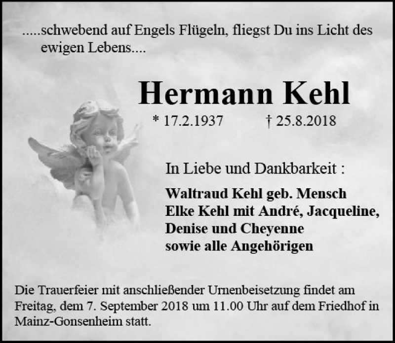  Traueranzeige für Hermann Kehl vom 01.09.2018 aus vrm-trauer
