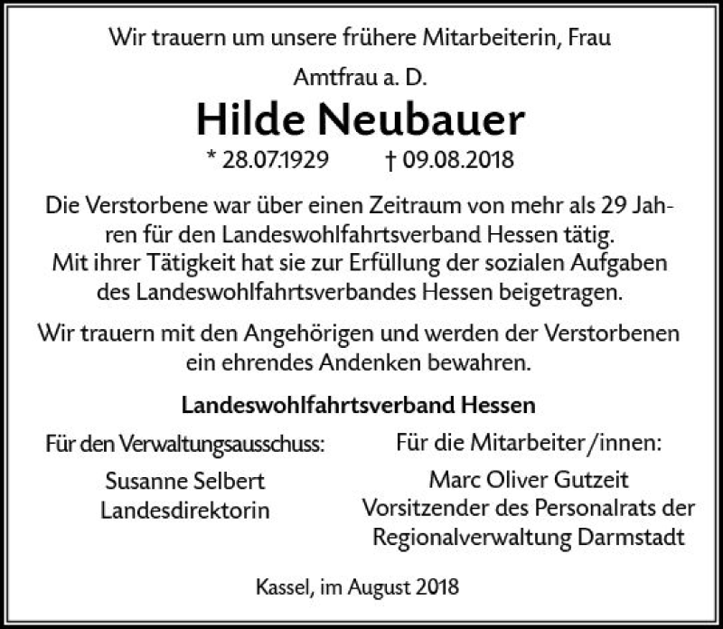  Traueranzeige für Hilde Neubauer vom 30.08.2018 aus vrm-trauer
