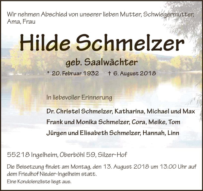  Traueranzeige für Hilde Schmelzer vom 09.08.2018 aus vrm-trauer