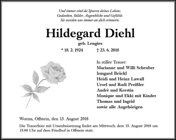 Traueranzeige von Hildegard Diehl von vrm-trauer