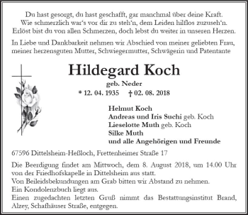 Traueranzeige von Hildegard Koch von vrm-trauer