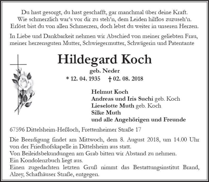 Traueranzeige für Hildegard Koch vom 04.08.2018 aus vrm-trauer