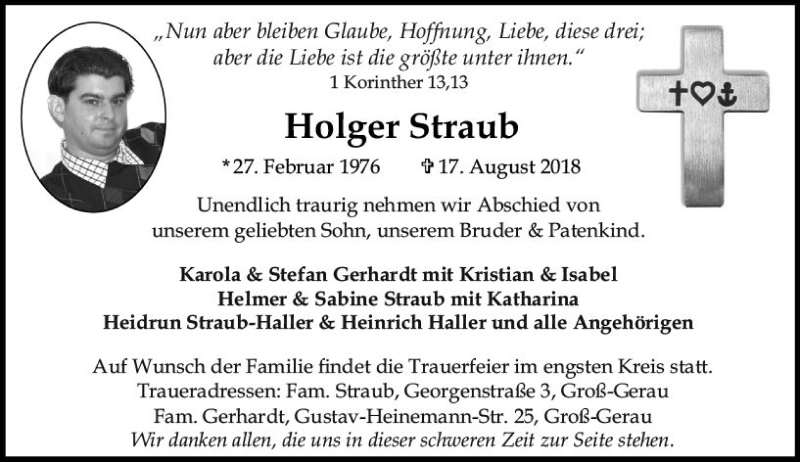 Traueranzeige für Holger Straub vom 25.08.2018 aus vrm-trauer