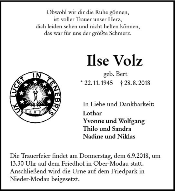 Traueranzeige von Ilse Volz von vrm-trauer