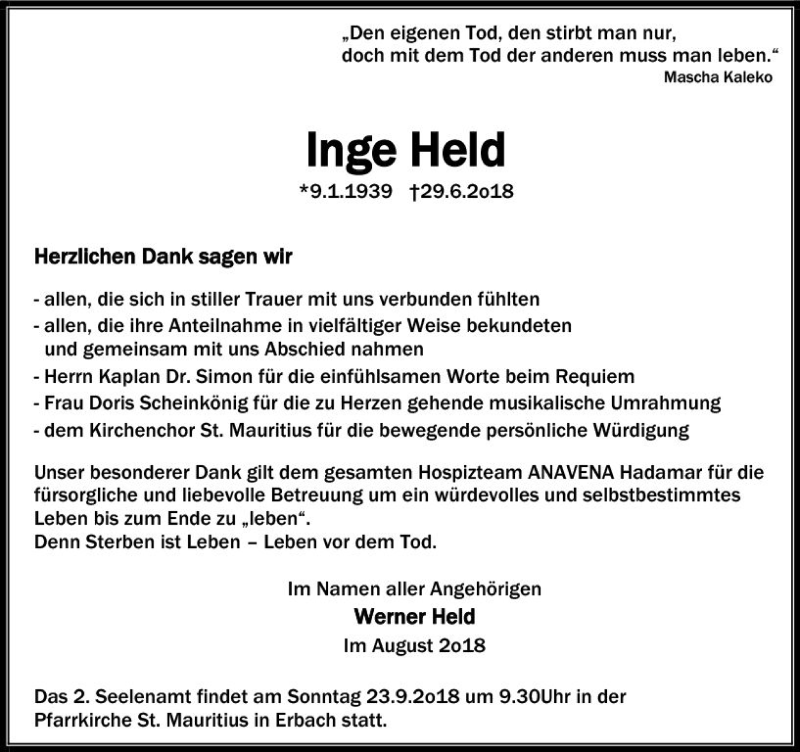  Traueranzeige für Inge Held vom 09.08.2018 aus  Camberger Anzeiger