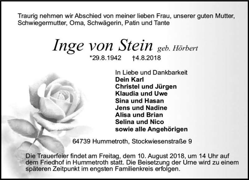  Traueranzeige für Inge  von Stein vom 08.08.2018 aus vrm-trauer
