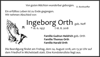 Traueranzeige von Ingeborg Orth von vrm-trauer