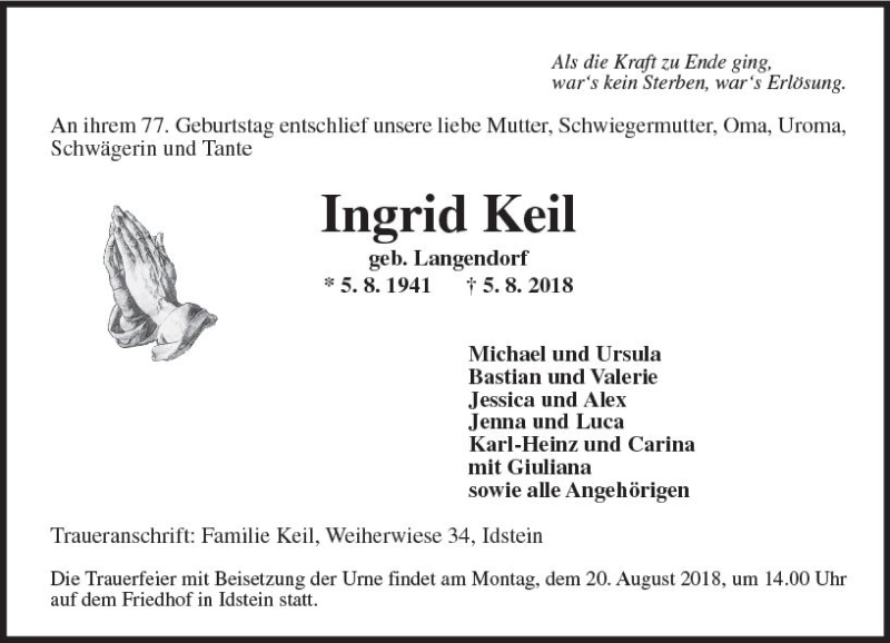  Traueranzeige für Ingrid Keil vom 11.08.2018 aus vrm-trauer