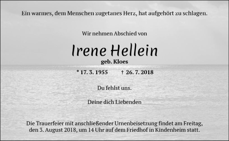  Traueranzeige für Irene Hellein vom 01.08.2018 aus vrm-trauer