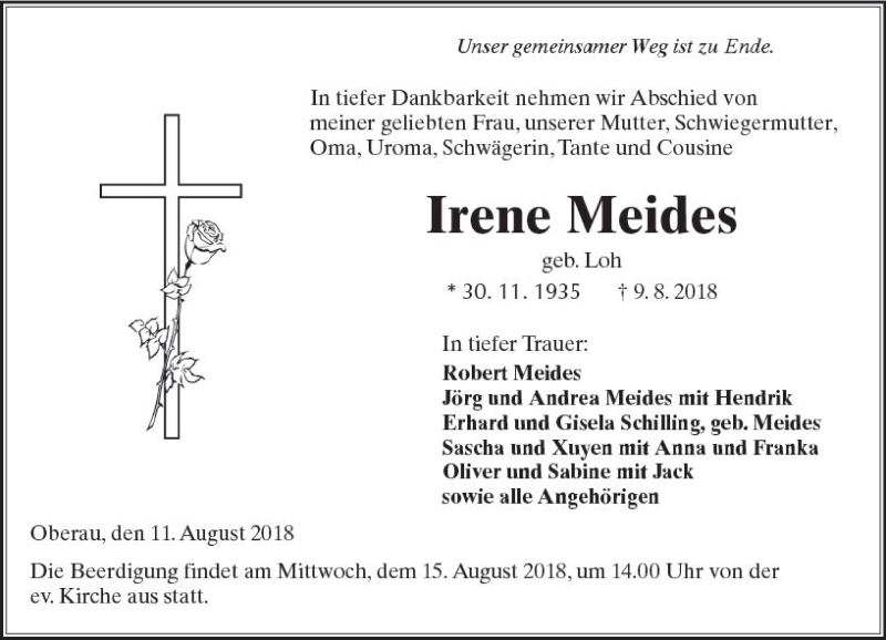  Traueranzeige für Irene Meides vom 11.08.2018 aus  Kreisanzeiger