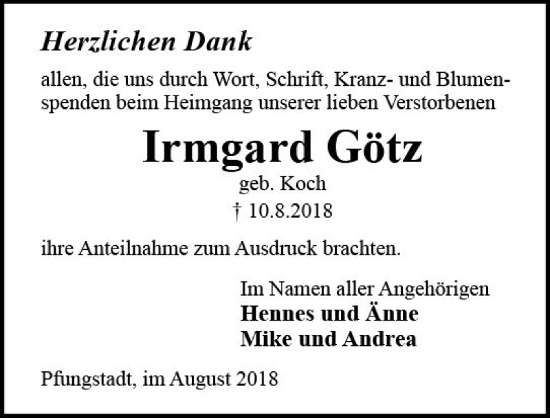 Traueranzeige für Irmgard Götz vom 01.09.2018 aus vrm-trauer