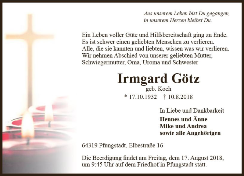  Traueranzeige für Irmgard Götz vom 15.08.2018 aus vrm-trauer