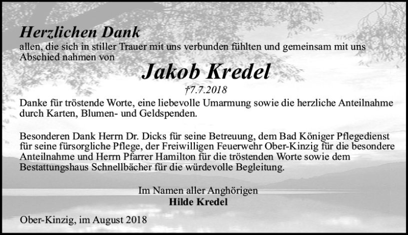  Traueranzeige für Jakob Kredel vom 04.08.2018 aus vrm-trauer