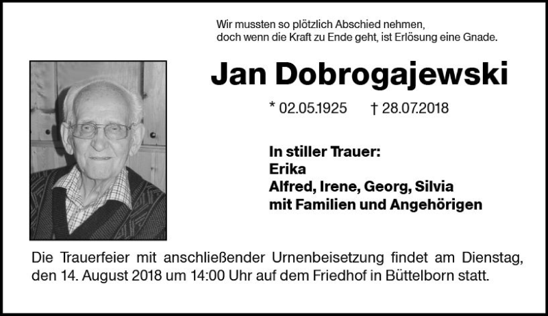  Traueranzeige für Jan Dobrogajewski vom 11.08.2018 aus vrm-trauer