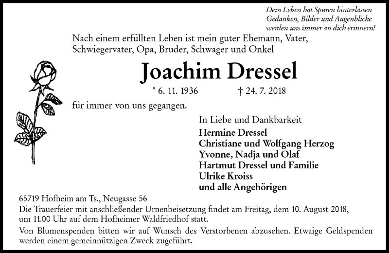  Traueranzeige für Joachim Dressel vom 03.08.2018 aus vrm-trauer