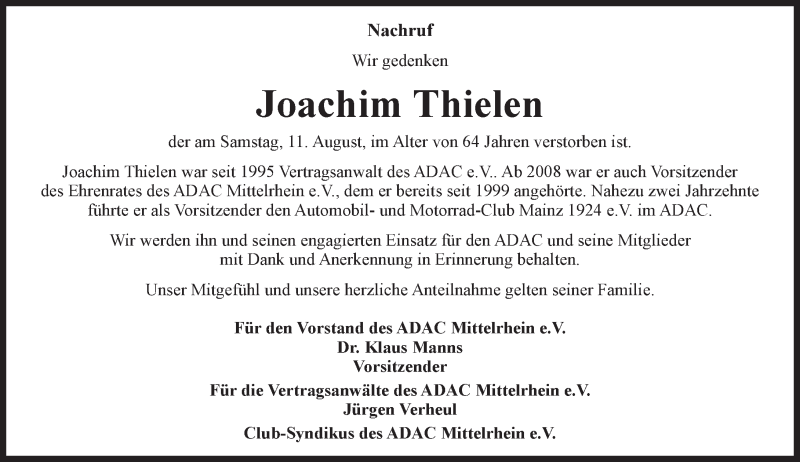  Traueranzeige für Joachim Thielen vom 21.08.2018 aus vrm-trauer