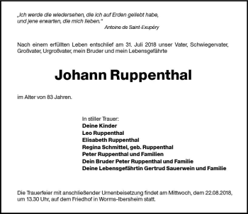 Traueranzeige von Johann Ruppenthal von vrm-trauer