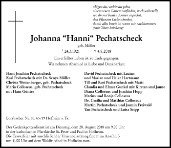 Traueranzeige von Johanna Pechatscheck von vrm-trauer