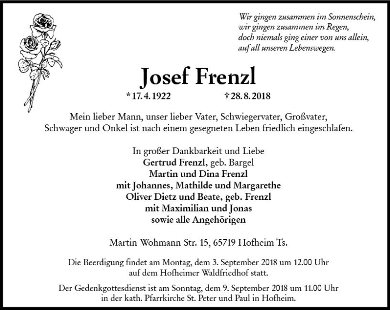 Traueranzeige für Josef Frenzl vom 31.08.2018 aus vrm-trauer