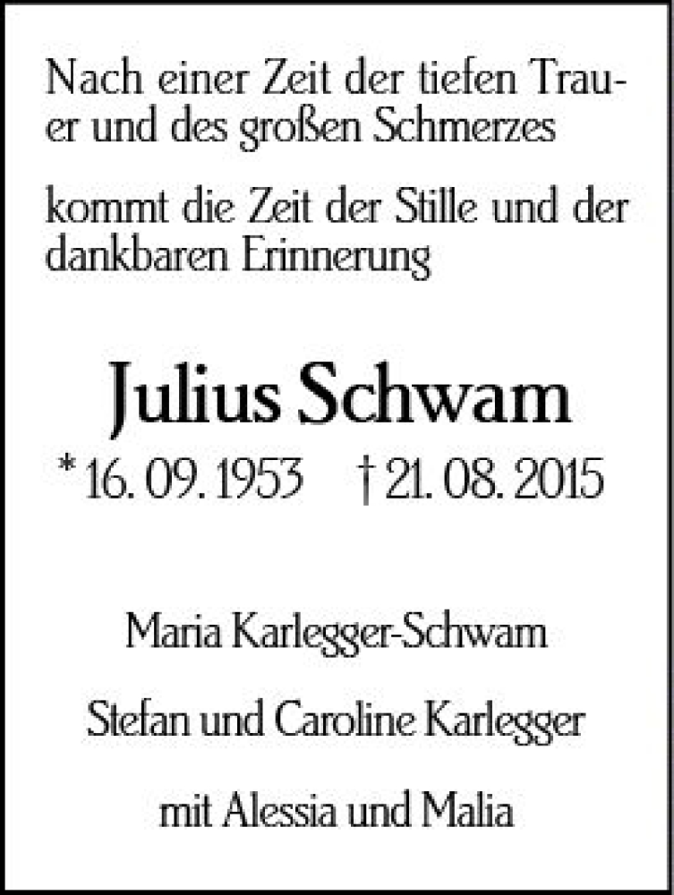  Traueranzeige für Julius Schwam vom 18.08.2018 aus vrm-trauer
