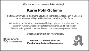 Traueranzeige von Karin Pohl-Schimo von vrm-trauer