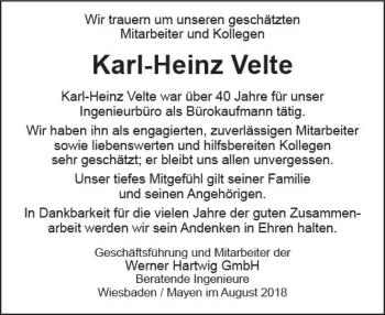 Traueranzeige von Karl-Heinz Velte von vrm-trauer