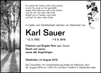 Traueranzeige von Karl Sauer von vrm-trauer